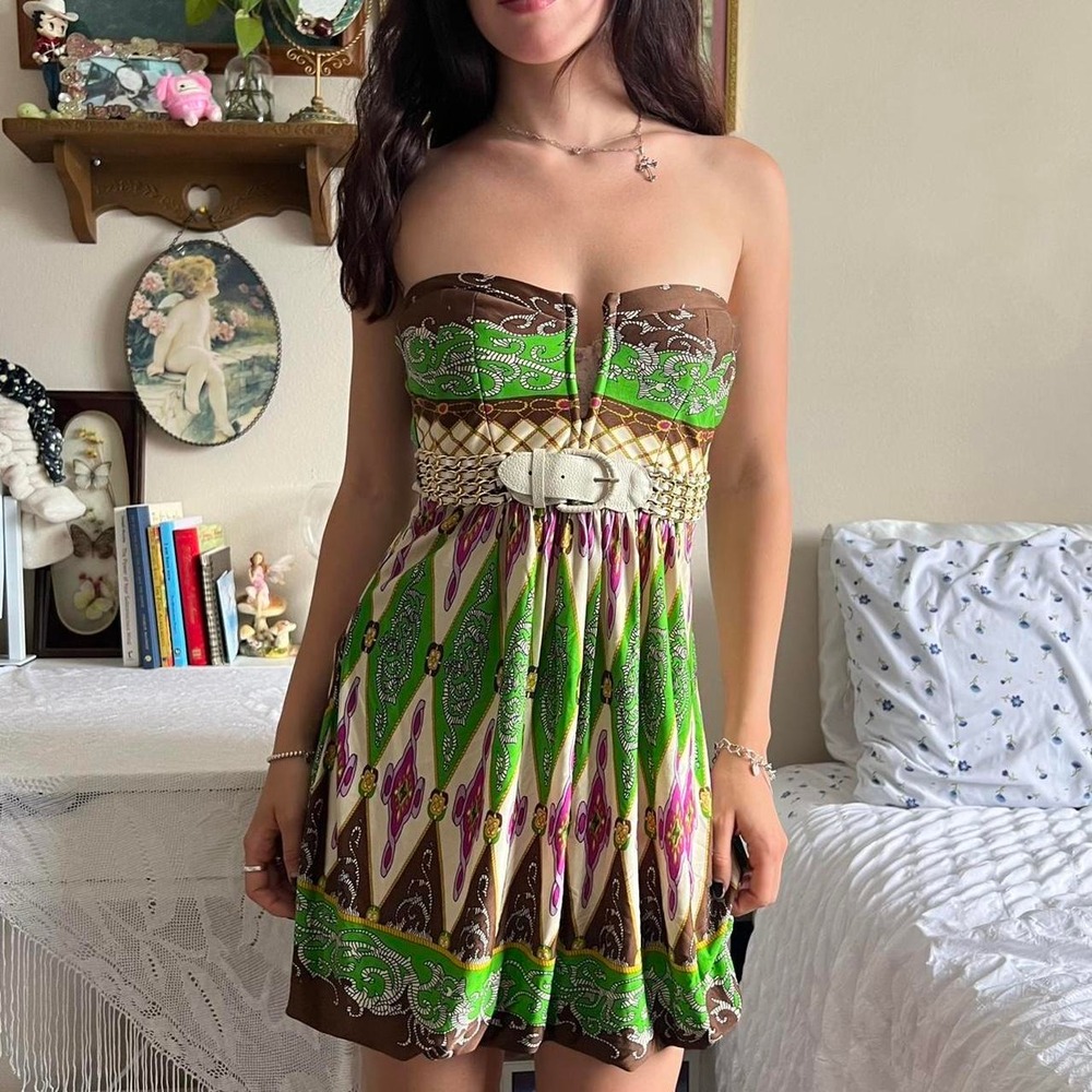 Sky Y2K Strapless Printed Mini Dress Brown Lime Green Boho Bubble Hem Small